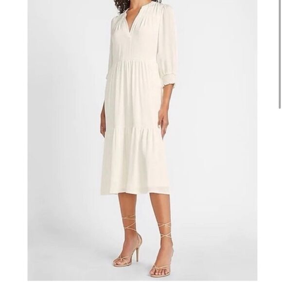 EXPRESS NWT Boho Ivory 3/4 Sleeve Midi Dress M - Picture 3 of 16